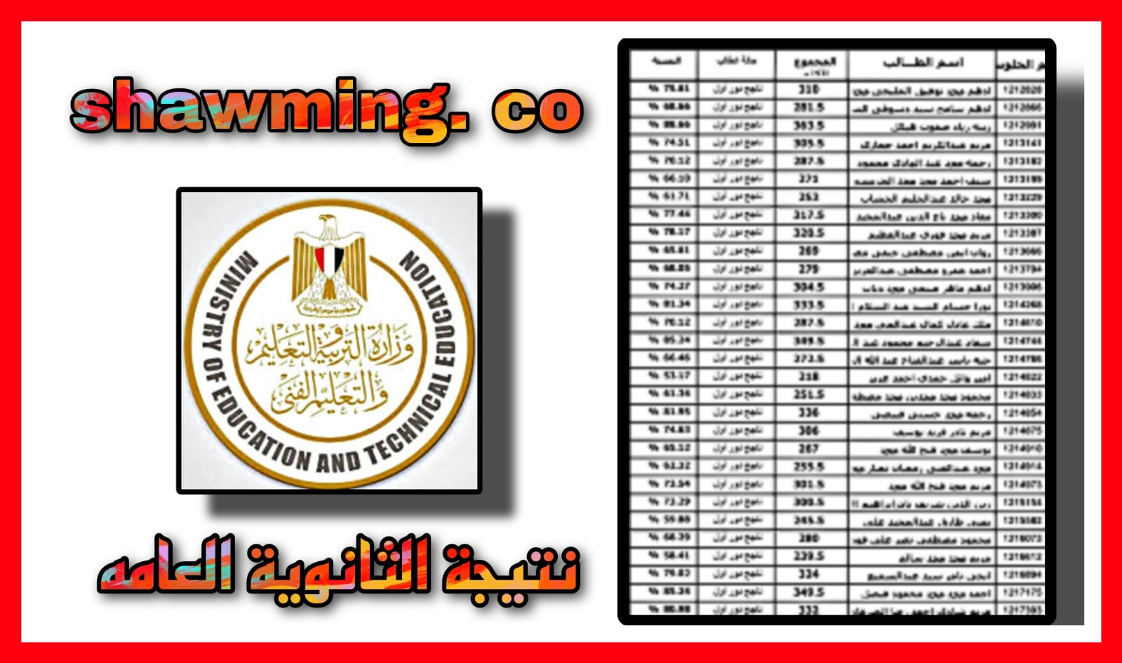 موقع shawming. co نتيجة الثانوية العامة 2023 برقم الجلوس والاسم